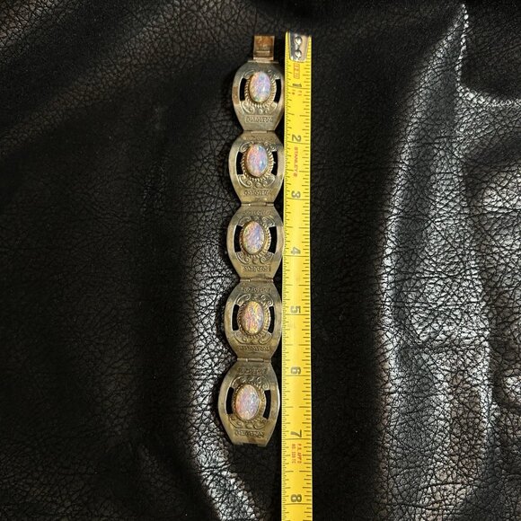 VTG Hecho En Mexico Sterling 925 Glass Opal Cabochon Panel Link Bracelet Sz 7” - Picture 8 of 8